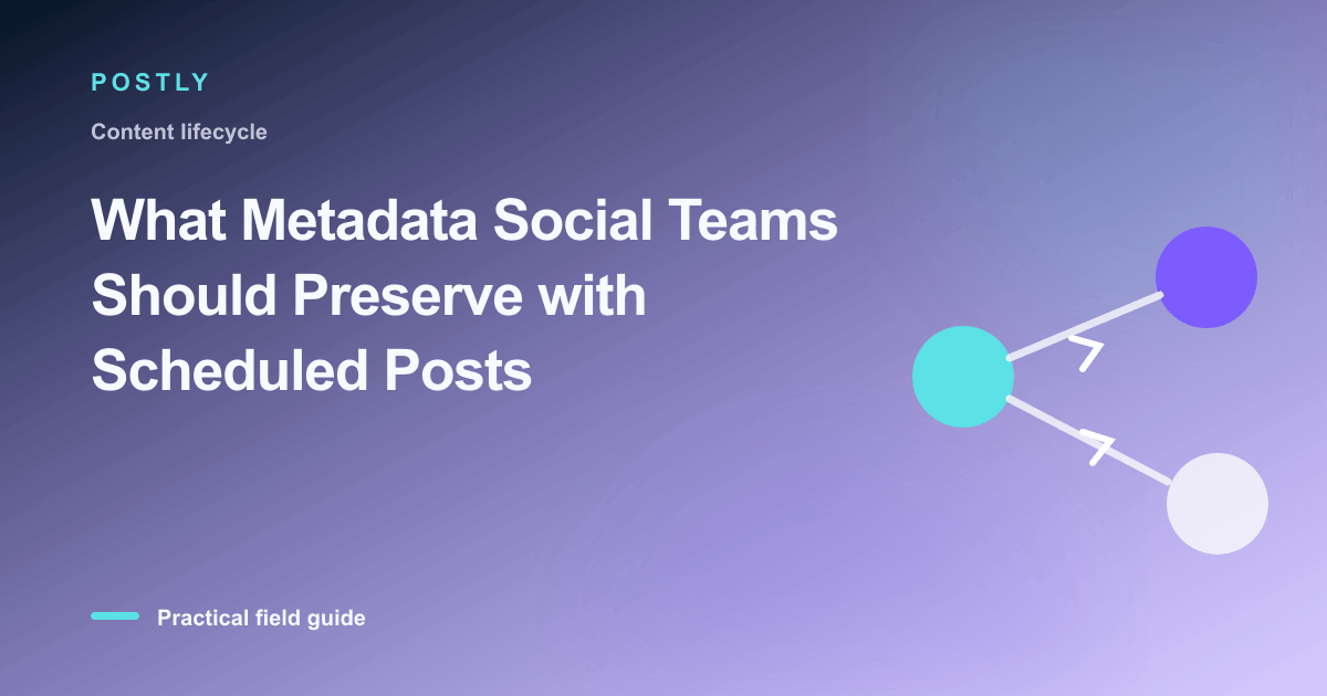 Branded illustration for “What Metadata Social Teams Should Preserve with Scheduled Posts” with connected publishing