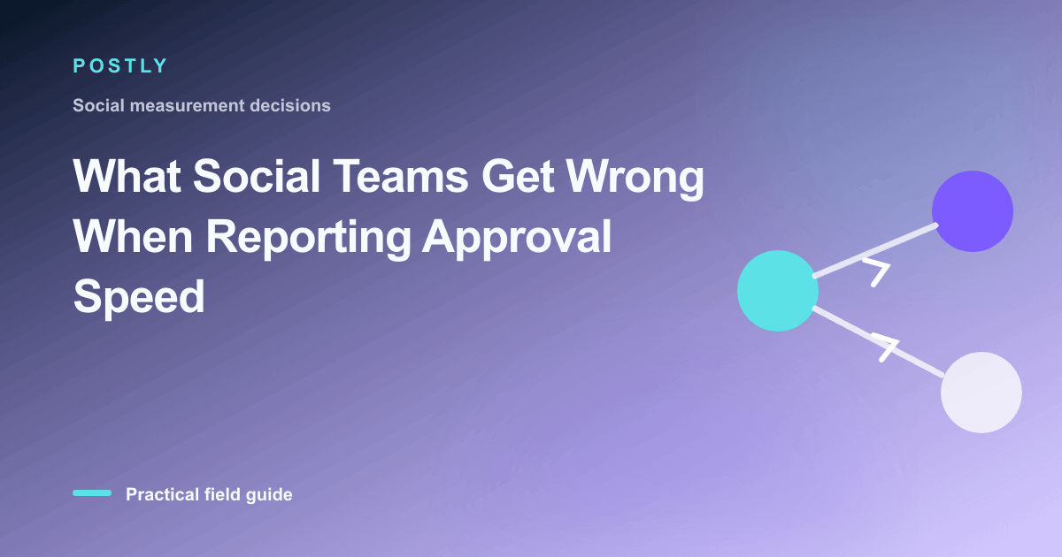 Branded illustration for “What Social Teams Get Wrong When Reporting Approval Speed” with connected publishing workflow nodes