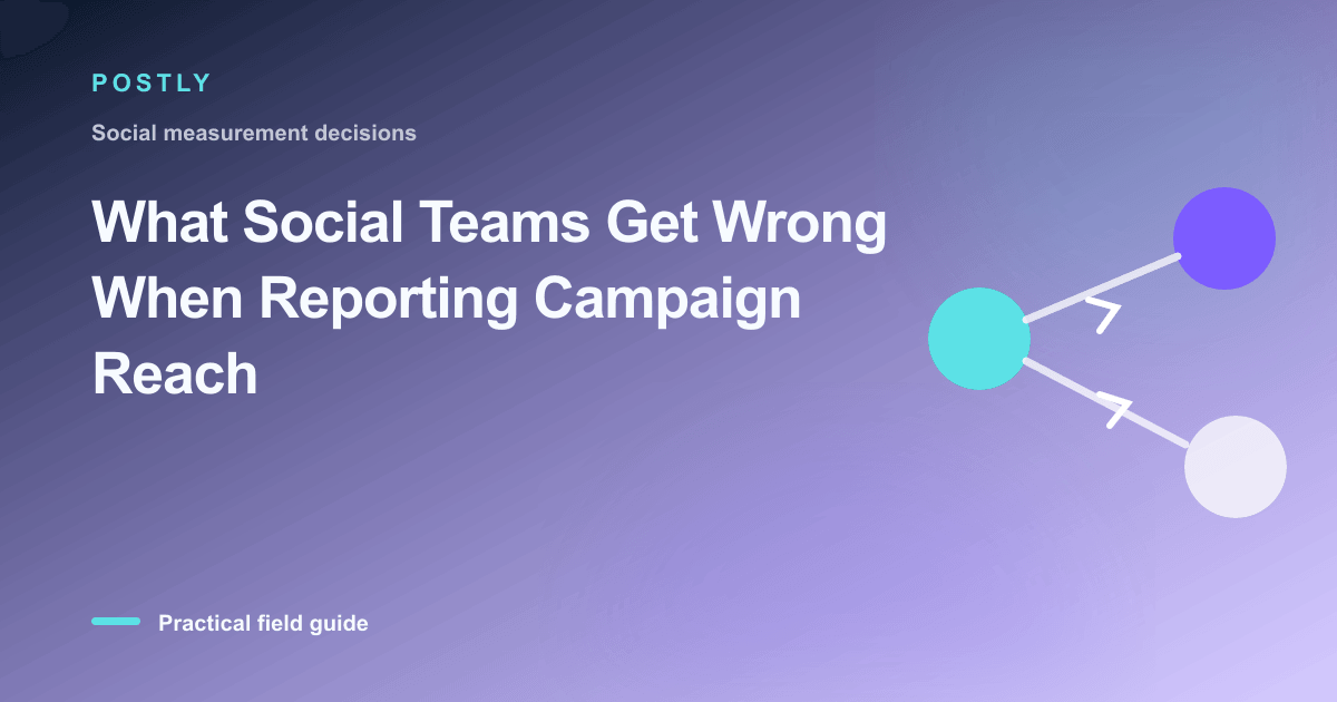 Branded illustration for “What Social Teams Get Wrong When Reporting Campaign Reach” with connected publishing workflow nodes
