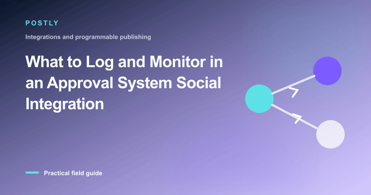Branded illustration for “What to Log and Monitor in an Approval System Social Integration” with connected publishing