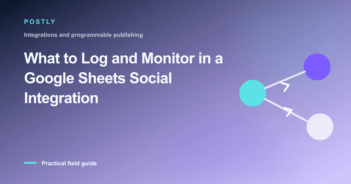 Branded illustration for “What to Log and Monitor in a Google Sheets Social Integration” with connected publishing workflow