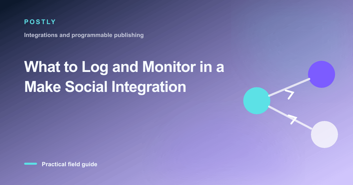 Branded illustration for “What to Log and Monitor in a Make Social Integration” with connected publishing workflow nodes