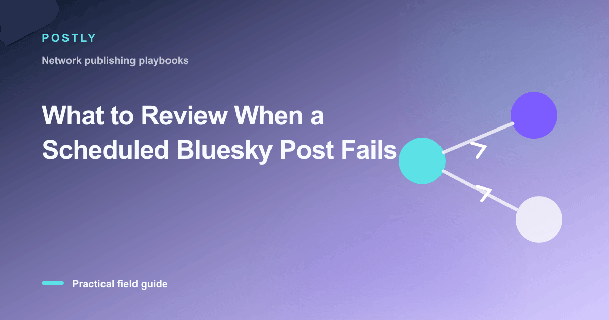 Branded illustration for “What to Review When a Scheduled Bluesky Post Fails” with connected publishing workflow nodes