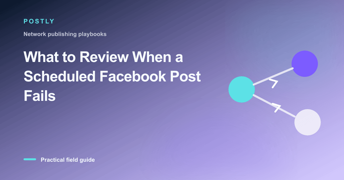 Branded illustration for “What to Review When a Scheduled Facebook Post Fails” with connected publishing workflow nodes