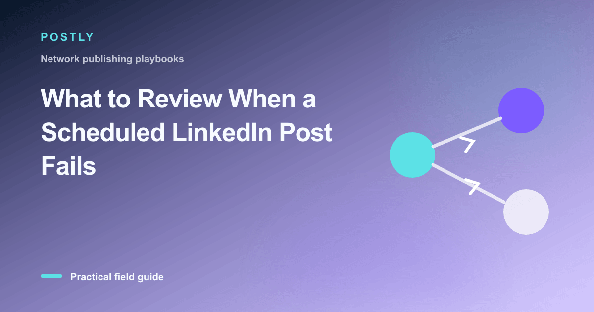 Branded illustration for “What to Review When a Scheduled LinkedIn Post Fails” with connected publishing workflow nodes
