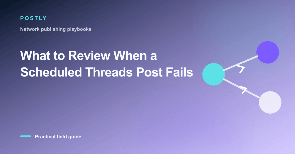 Branded illustration for “What to Review When a Scheduled Threads Post Fails” with connected publishing workflow nodes