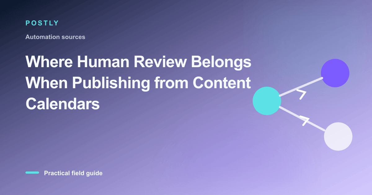 Branded illustration for “Where Human Review Belongs When Publishing from Content Calendars” with connected publishing
