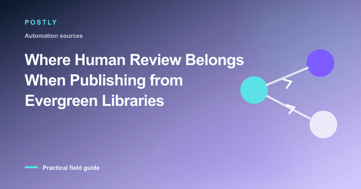 Branded illustration for “Where Human Review Belongs When Publishing from Evergreen Libraries” with connected publishing