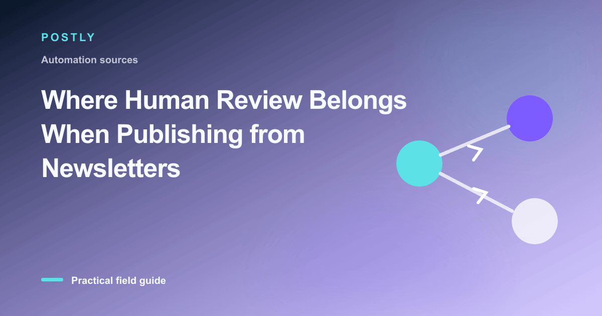 Branded illustration for “Where Human Review Belongs When Publishing from Newsletters” with connected publishing workflow