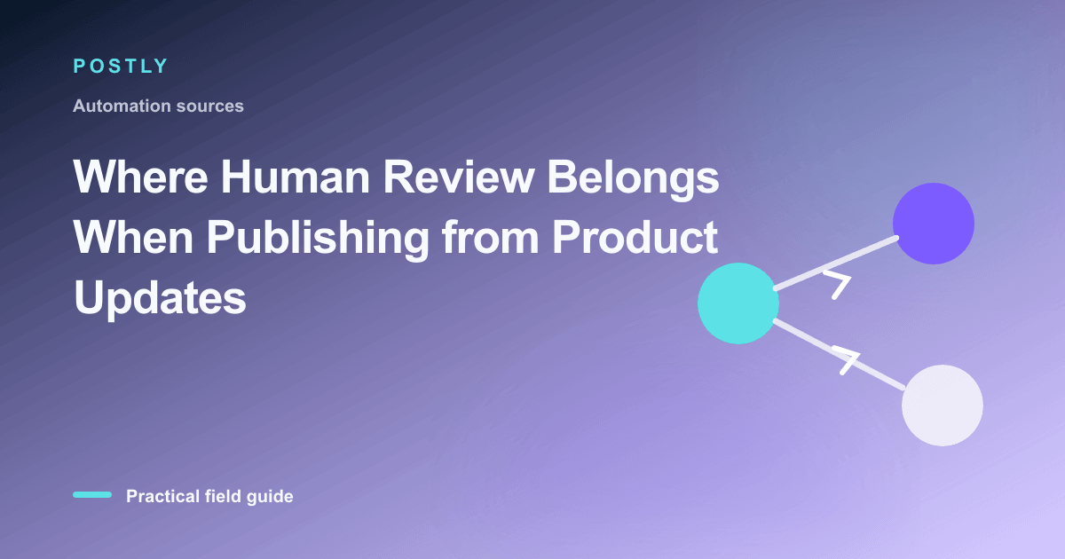 Branded illustration for “Where Human Review Belongs When Publishing from Product Updates” with connected publishing