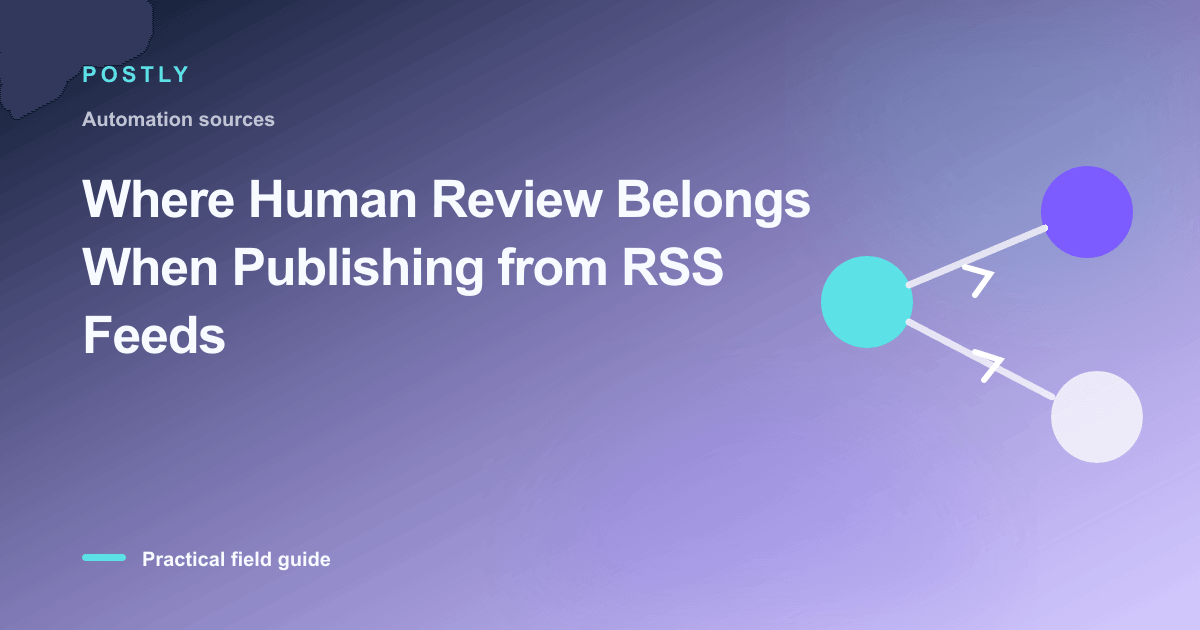 Branded illustration for “Where Human Review Belongs When Publishing from RSS Feeds” with connected publishing workflow nodes